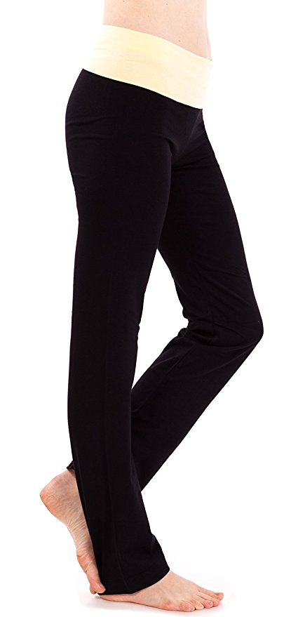 Ladies Color Block Rolled Waist Black Yoga Pants, Multiple Colors Available