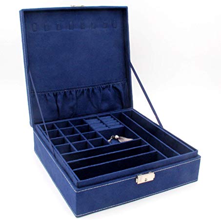 KLOUD City Two-Layer lint Jewelry Box Organizer Display Storage case with Lock (Deep Blue)