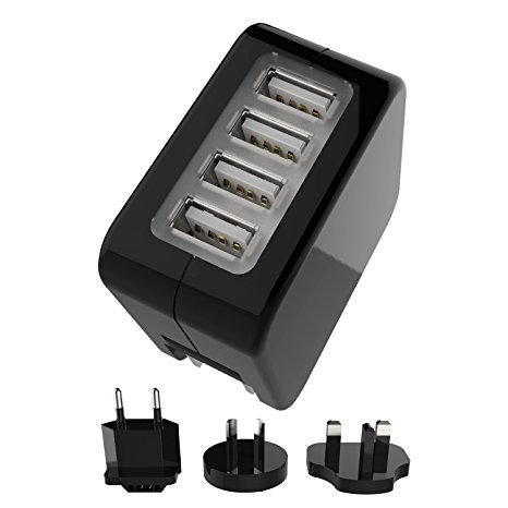 Travel Charger Adaptor- TURATA 4 USB Universal Worldwide Wall Charger Travel Adapter for Cell Phones and Tablet With UK EU AUS US Removable Plugs (Black)