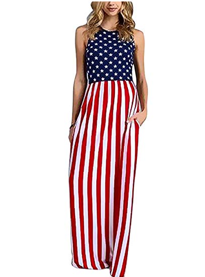 Dongpai Women's USA American Flag Print Stars and Stripes Casual Sleeveless Maxi Tank Dress 4th of July