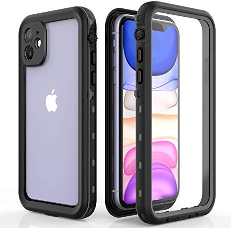 iPhone 11 Case,Waterproof with Wrist Strap and Float Strap Full Body with Built-in Screen Protector Rugged Bumper Clear Back Cover Case for Apple iPhone 11 6.1inch (Black/Clear)