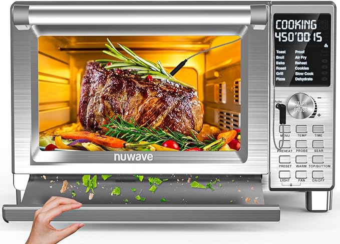 Nuwave Bravo Pro Air Fryer Toaster Oven, Improved 100% Super Convection, Quicker & Crispier Results, 112 Foolproof Presets, Multi-Layer Even Cooking, 50-500F, Smart Thermometer, 30QT, Stainless Steel