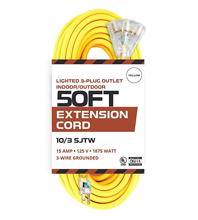 50 Foot Lighted Outdoor Extension Cord with 3 Electrical Power Outlets - 10/3 SJTW Yellow 10 Gauge Extension Cable with 3 Prong Grounded Plug for Safety