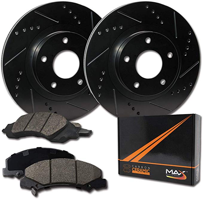 Max Brakes Front Elite Brake Kit [ E-Coated Slotted Drilled Rotors   Ceramic Pads ] KT010881 Fits: 2001-2006 Grand Caravan | 2003-2007 Town & Country   Voyager