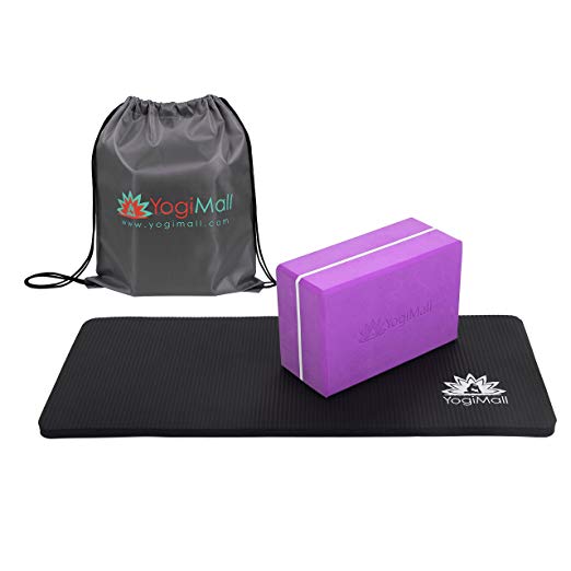 YogiMall Yoga Knee Pad Cushion, Yoga Block and Carry Bag Set – Perfect 3-in-1 Yoga Comfort Kit for Pain Free Yoga & Core Exercises – Protect Knees, Deepen Your Poses and Improve Balance