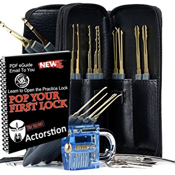 Actorstion (25-Piece) Premium Practice Lock Pick Set with Transparent Blue Padlock