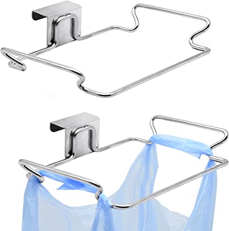 2Pcs Hanging Trash Bag Holder, Stainless Steel Door Back Garbage Bag Rubbish Bag Hanger for Kitchen Cupboard Cabinets Practical Sturdy Under Counter Over Door Waste Bins Basket