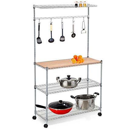 Yaheetech 3 Shelf Metal Bakers Racks for Kitchens With Storage Hanging Shelf and Wood Cutting Board