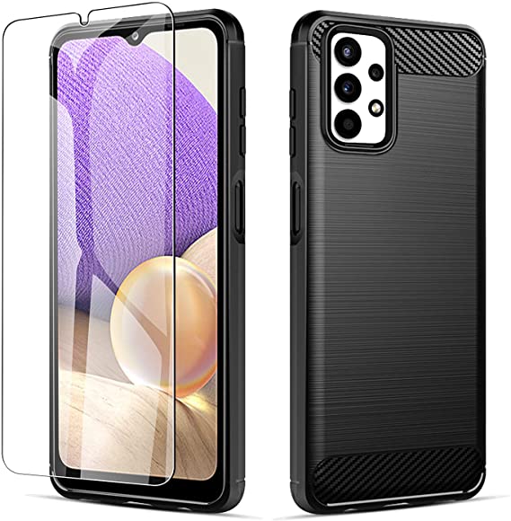 PULEN for Samsung Galaxy A32 5G Case with 1 Pack Screen Protector,Shock Resistant Brushed Flexible Soft TPU Bumper and Carbon Fiber Cover Phone Protective (Black)