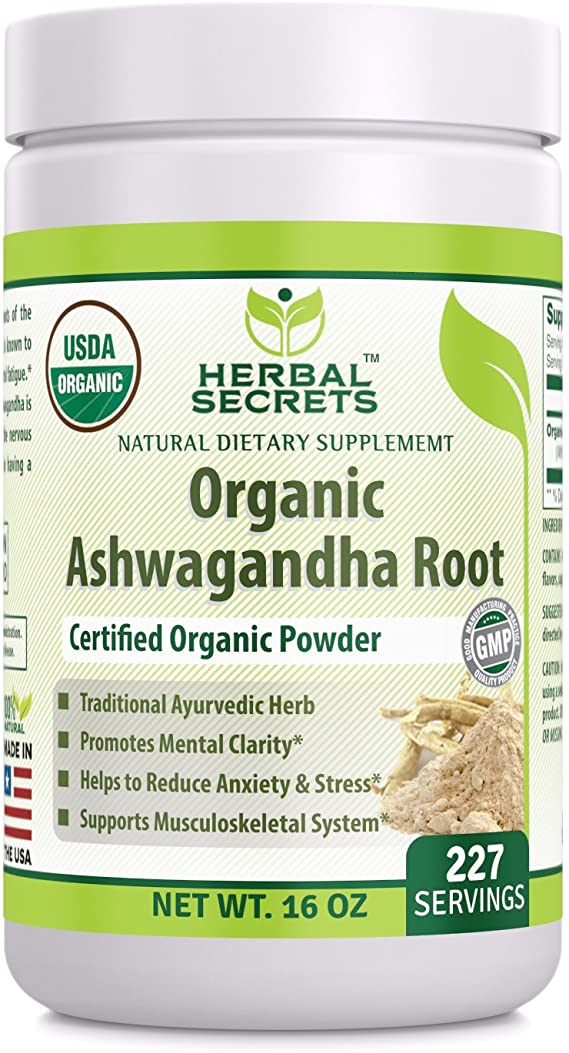 Herbal secrets USDA Certified Organic Ashwagandha Root Powder 16 oz (Non-GMO) 227 Servings- Supports Musculoskeletal System* Promotes Mental Clarity* Helps to Reduce Anxiety & Stress*
