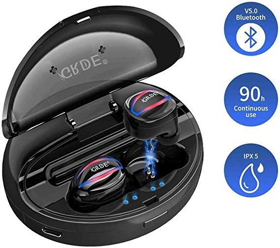 GRDE Wireless Earbuds, Bluetooth V5.0 in-ear Wireless Headphones TWS Stereo HiFi Headset with Charging Box Mic, 90H Playtime, LED Display Light, Waterproof Bluetooth Headset for Sports