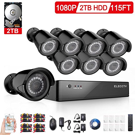 ELECCTV 8 Channel 1080P AHD Home Security Camera System DVR Recorder 2TB Hard Drive Preinstalled with 8 HD 1.3MP Waterproof Night Nision Indoor/Outdoor CCTV Surveillance Camera