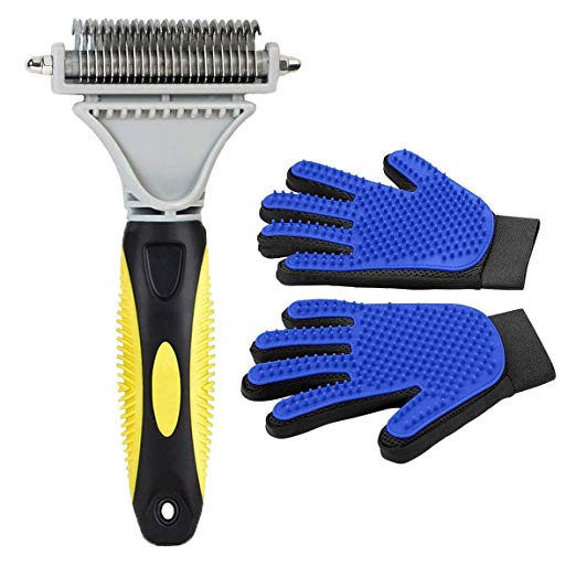 Pet Grooming Tool- Dematting Comb/Grooming Glove Set, 2 Sided Undercoat Grooming Rake for Cats/Dogs, Safely and Easily Removes Matted Tangles, Deshedding Brush Glove- Efficient Pet Hair Remove-2Pack