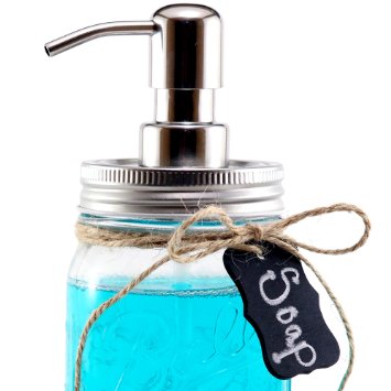 Mason Jar Soap Dispenser & Chalkboard Tag by Country Pear: Stainless Steel Chrome & Rust Proof Coating (No Jar)