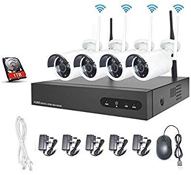 WiFi Video Surveillance Kit with 1TB HDD, Myada 720P 4CH WiFi Surveillance Kit 4 Cameras, WiFi Video Surveillance System, Eseterno Surveillance, Night Vision, Motion Detection, P2P, IP66