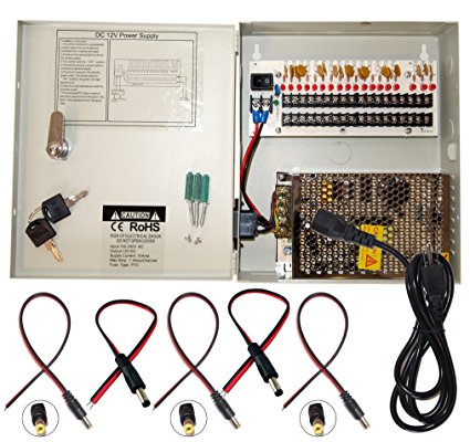 Evertech 16 Channel 12 Volt DC Output CCTV Distributed Power Supply Box for Security Camera with 18 Pcs. DC Male Pigtail