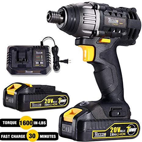 Impact Driver 20V, TECCPO 1600In-lbs Cordless Impact Driver Kit with 2pcs 2.0Ah Batteries, 30 Minutes Fast Charger, 0-2900RPM Speed, 1/4" All-metal Hex Chuck - TDID01P