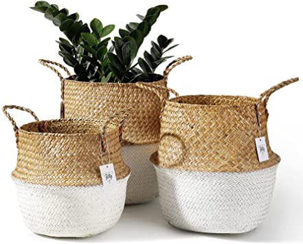 POTEY 730202 Seagrass Plant Basket Set of 3 - Hand Woven Belly Basket with Handles, Large Storage Laundry Picnic Plant Pot Cover Home Decor & Woven Straw Beach Bag (M L XL, Original White)