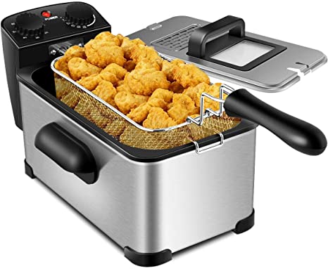 COSYWAY Deep Fryer, 1700W Electric Stainless Steel Deep Fryer -3.2qt Oil Container & Lid w/View Window, 12 Cups Frying Basket w/Hook, Adjustable Temperature and Timer, Professional Grade