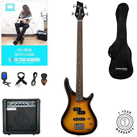 Stretton Payne Electric BASS Guitar S1-Bass Maple Neck, Darkwood Fretboard. Full Package with practice and and accessories. Bass Guitar in Sun Burst