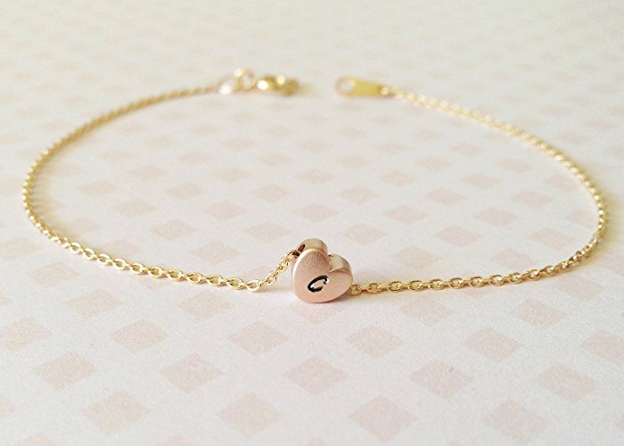 A Dainty Initial Heart Charm Bracelet in Rose Gold Chain