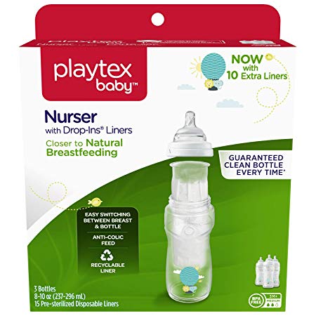 Playtex Baby Nurser Bottle with Drop-Ins Disposable Liners Closer to Breastfeeding with Hot Air Balloon Graphics, 8 Ounce - 3 Pack