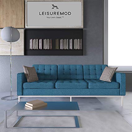 LeisureMod Florence Style Mid Century Modern Tufted Sofa (Blue Twill Wool)