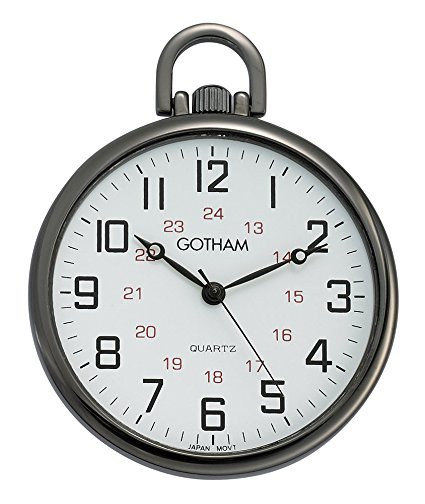 Gotham Men's Gun Metal Ultra Thin Railroad Open Face Quartz Pocket Watch # GWC15026B
