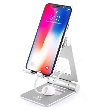 Adjustable Cell Phone Stand, ToBeoneer Desk Phone Holder [Upgraded Solid] Dual Multi Angle Desktop Phone Charging Cradle Dock for Mobile Phone Tablet Home Kitchen Office Décor Accessories (Silver)