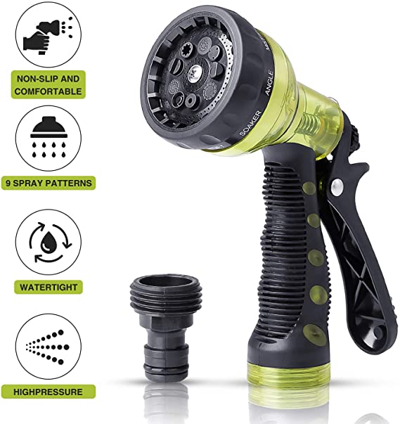 VIVIK Garden Hose Nozzle,Hose Spray Nozzle,Water Hose Nozzle with 9 Adjustable Watering Patterns,Heavy Duty Hose Nozzle for Watering Plants,Cleaning,Car Wash and Showering Pets (6.2 in)