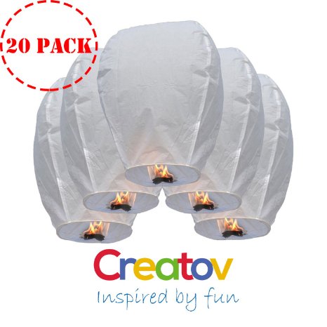 Chinese Flying Sky Lanterns, Paper Wish Lanterns - for Festivals, Weddings, Backyard Parties, -20 Pack, White- By Creatov®