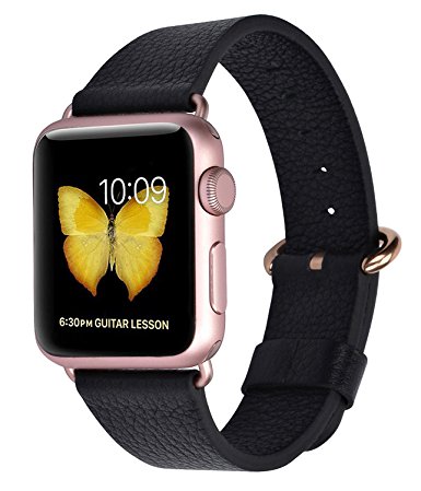 Apple Watch Band 38mm Women - PEAK ZHANG Black Genuine Leather Replacement Wrist Strap with Rose Gold Adapter and Buckle for Iwatch Series 2,Series 1,Sport,Edition