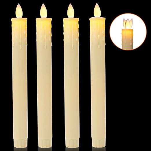 Flameless Taper Candles Moving Wick,CXMYKE 8 Inch LED Window Candles PP Material Amber Yellow,Dripless Unscented Wax Sustainable Use for 200 Hours,Set of 4