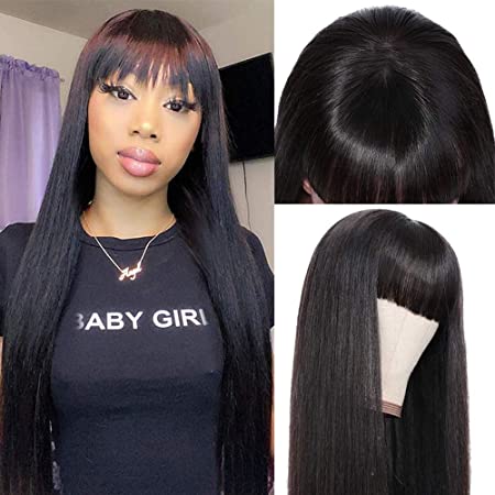 Straight Human Hair Wigs with Bangs for Black Women Machine Made None Lace Front Wigs Brazilian Unprocessed Virgin Hair Wigs 150% Density (22 inch)