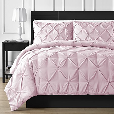 Double Needle Durable Stitching Comfy Bedding 3-piece Pinch Pleat Comforter Set All Season Pintuck Style (King, Pink)