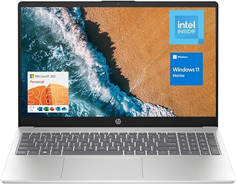 HP 15.6" Portable Laptop (Include 1 Year Microsoft 365), HD Display, Intel Quad-Core N200 Processor, 16GB RAM, 128GB Storage, Wi-Fi 6, Webcam, HDMI, Numeric Keypad, Windows 11 Home, Silver