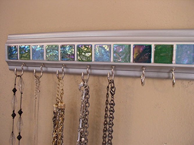 3 sizes available.Necklace Hanger / Key Rack with glass tile in the colors of sea glass.