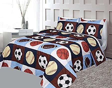 Golden Linens Full 4 Pieces ( Fitted, Flat Sheet and 2 Pillow Cases) Printed Printed Navy Blue, Sky Blue, Brown, Orange Kids Sports Basketball Football Baseball Kids Sheets Bed Cover # 02 Full Sheet