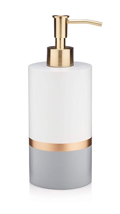 Essentra Home Day and Night Collection White and Grey with Gold Stripe Liquid Soap Dispenser with Brushed Metal Gold Pump for Bathroom, Bedroom or Kitchen. Also Great for Hand Lotion