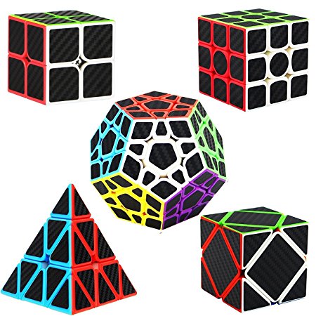 Dreampark Speed Cube Bundle [5 Pack] 2x2 3x3 Pyraminx Megaminx Skewb Carbon Fiber Sticker Magic Cube Puzzle Toy Set of 5