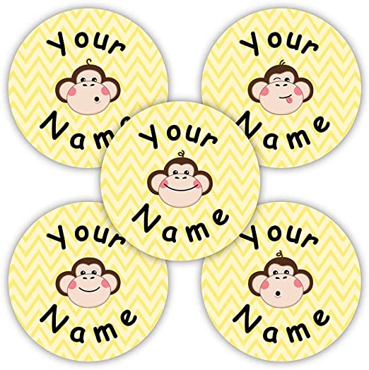 30 Round Personalized Waterproof Custom Name Labels (Monkeys Theme)- Dishwasher & Microwave Safe - Great for School, Daycare, Camp Gear
