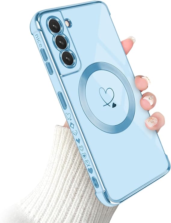 Newseego Magnetic Case for Samsung Galaxy S21 5G MagSafe, Girls Women Cute Love Heart Pattern Plating Edge Silicone Shockproof Protective Bumper Cover for Samsung Galaxy S21-Blue