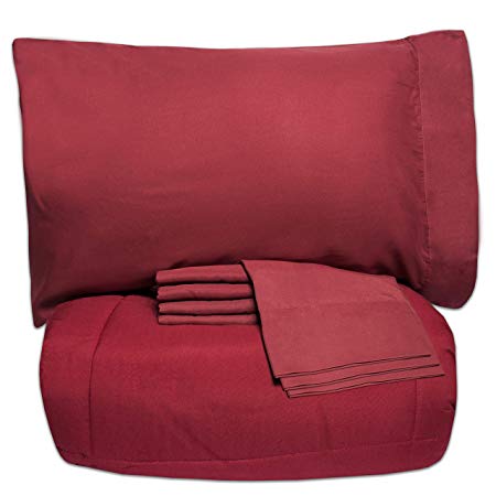 Sweet Home Collection 7 Piece Bed-In-A-Bag Solid Color Comforter & Sheet Set, Full, Burgundy