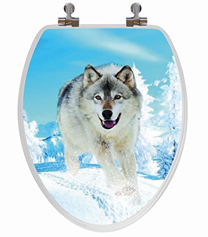 TOPSEAT 3D Elongated Toilet Seat, w/ Chromed Metal Hinges, Wood, Snow Wolf