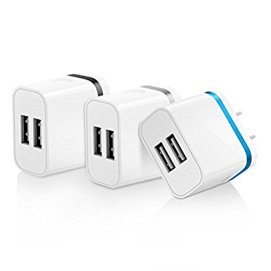 SEGMO® 5V/2.0Amp US Plug Dual USB Port 2 Ports Travel Wall Charger Easy Grip Home Power Adapter for iPhone 6S SE 5S iPad Mini 4 3 Samsung Galaxy Note 5 4 Motorola Nokia Sony HTC LG Huawei Xiaomi Mobile Phone (3Pack-(Black/Silver/Blue))