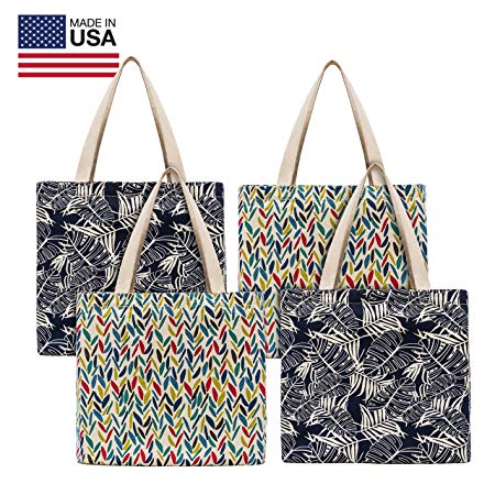 Planet E Reusable Canvas Tote Bags – Made In USA Fashionable Perfect for Shopping or Groceries (Pack of 4)