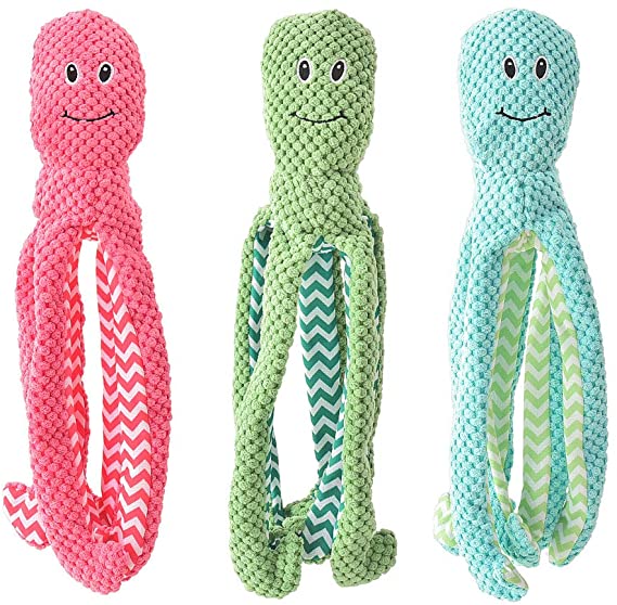 3 Pack Dog Squeaky Toys, Pet Puppy Dog Plush Squeak Toy Set for Small Medium Dogs Breed Durable Interactive Octopus Red Green Blue