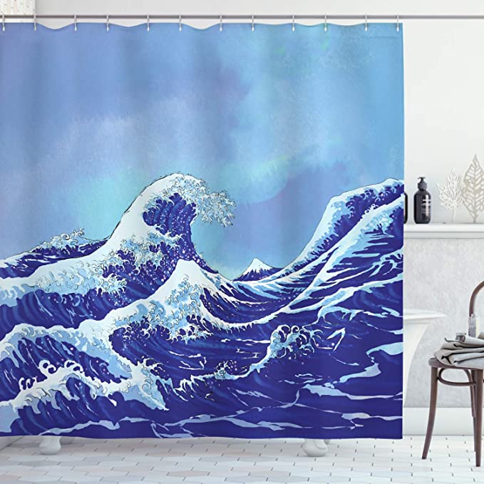 Ambesonne Kanagawa Shower Curtain, Big Tsunami in The Ocean Blue Sky Japanese Nature Sea Waves Art, Cloth Fabric Bathroom Decor Set with Hooks, 70" Long, Blue Navy