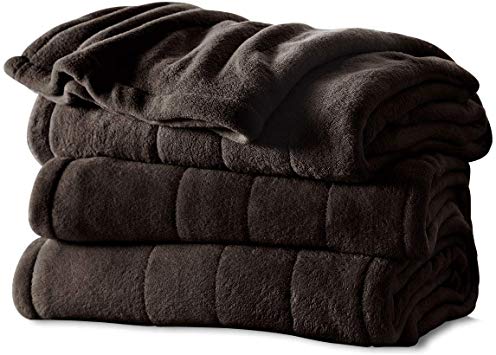 Sunbeam Channeled Soft Microplush Electric Heated Warming Blanket Queen Walnut Brown Washable Auto Shut Off 10 Heat Settings