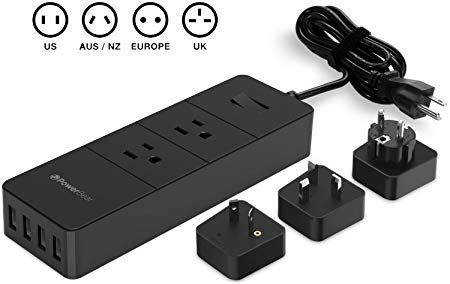PowerBear Travel Adapter & Surge Protection Strip | Charging Station with USB Ports | Global Power Adapter with 3 International Power Adapters - Black [24 Month Warranty]